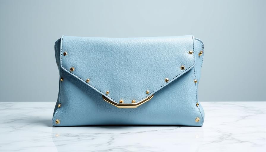 Moonstone Blue Leather Clutch with gold hardware