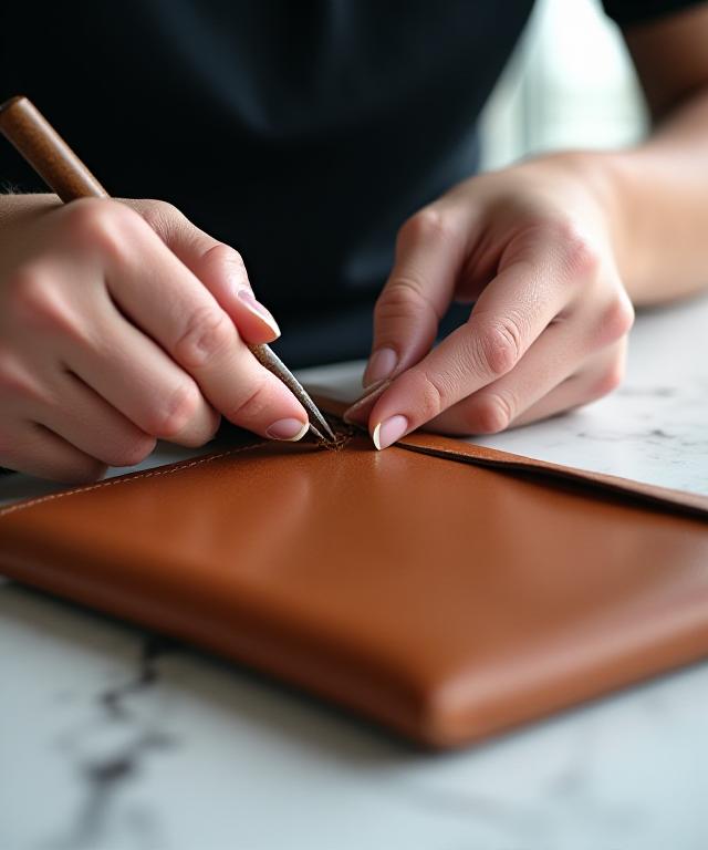 Artisan hands working on a leather handbag with precision tool