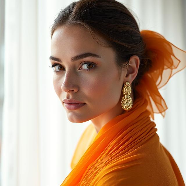 Woman styled with artisan jewelry and a pleated silk scarf
