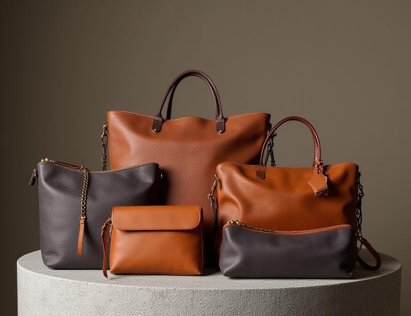 Close-up of premium leather handbags and clutches